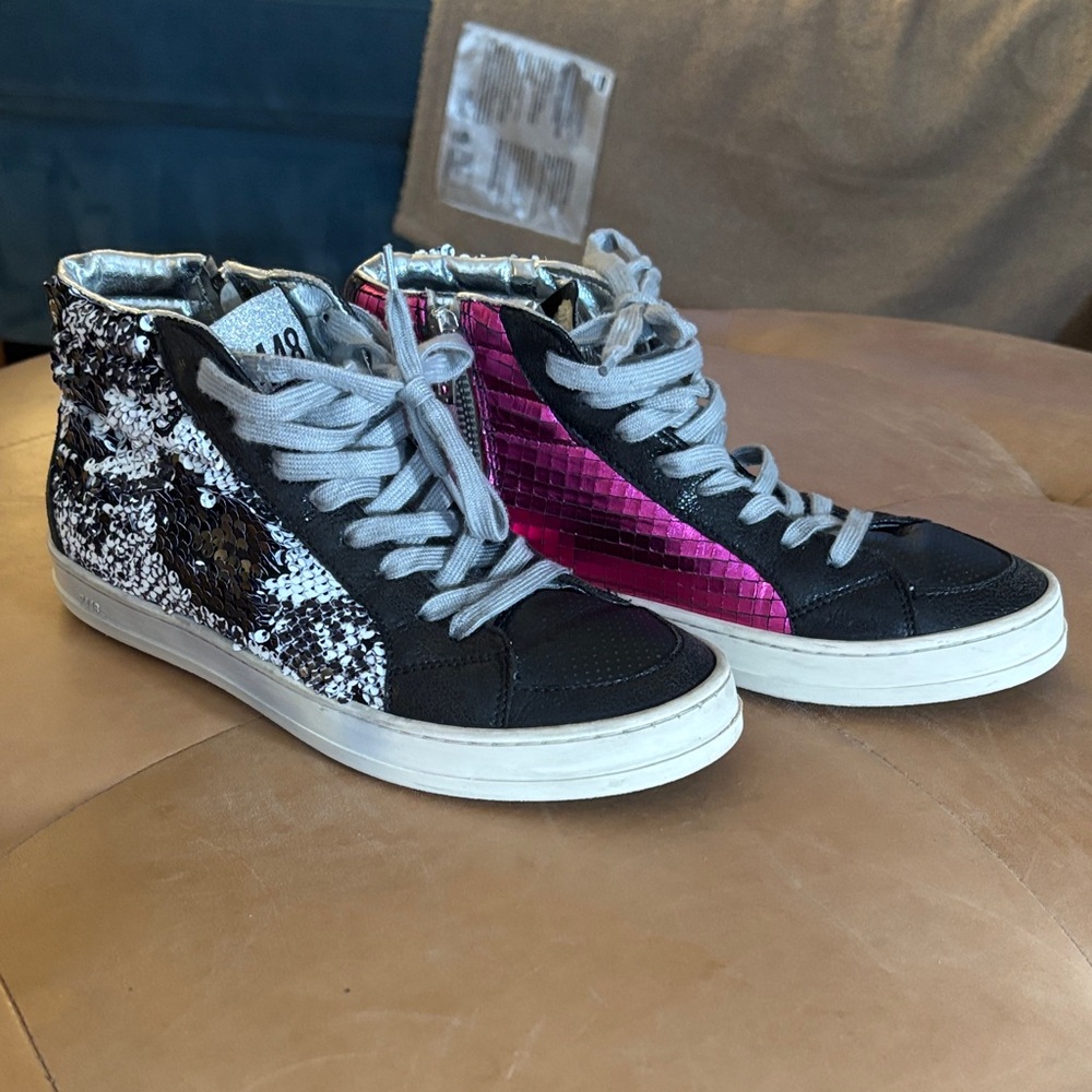P448 Women's Sequin/metallic Black and Pink High-Top Skate Sneakers